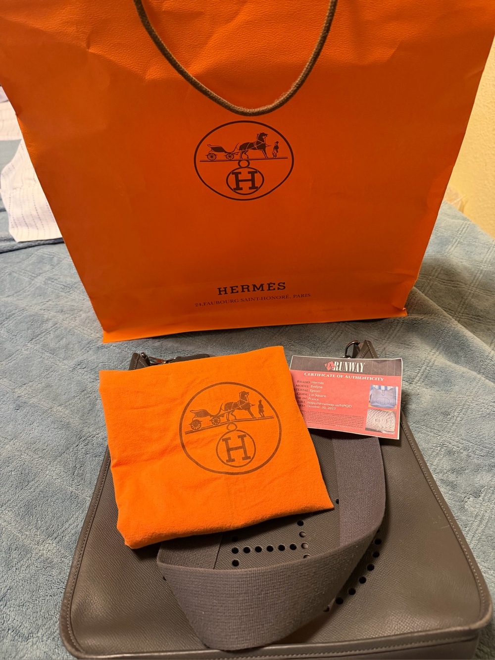 Hermes Gray Leather Messenger Bag with Charcoal Strap clean inside comes  bag